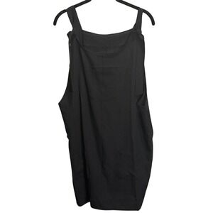 Black Linen Blend Pinafore Dress Square Neck Adjustable Tie Straps Pockets